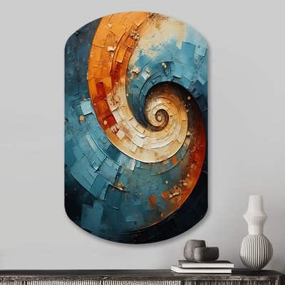 Orange Teal Abstract Spirals I - Abstract Spirals Asymmetrical Metal Wall Decor, Modern Cylinder Metal Art Print