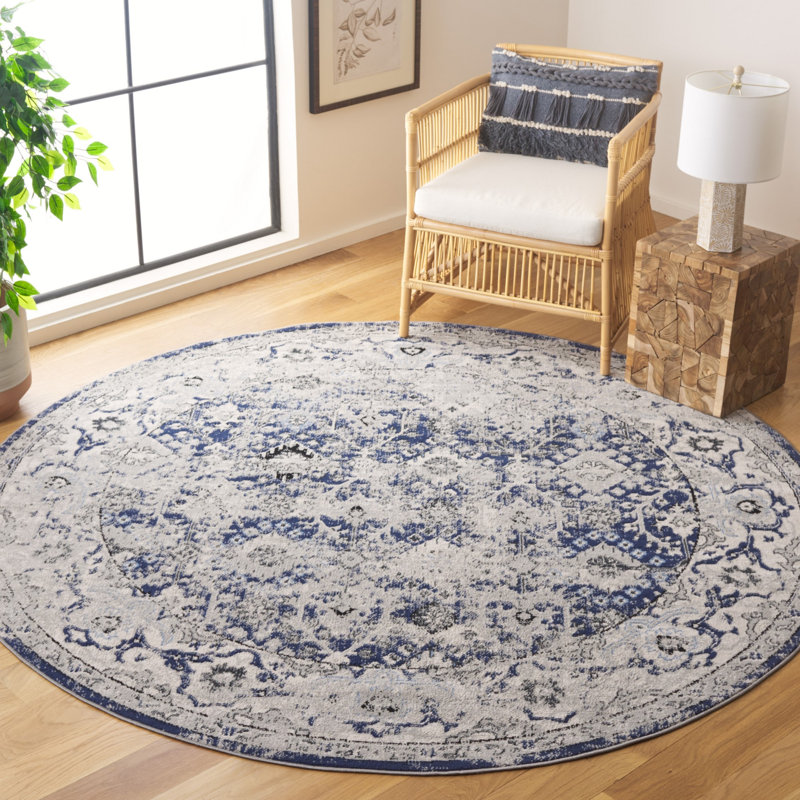Tapis oriental en polyester tissé à la machine en gris / bleu, Rond 6 pi 7 po