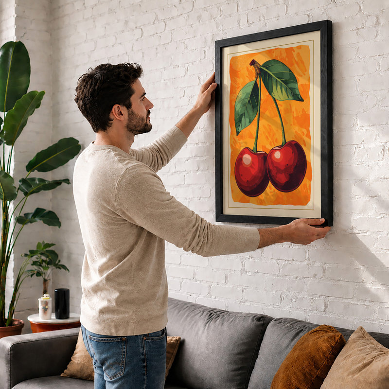 Cherries And Leaves Botanical - Print, A2 - 59.4 x 42.0 cm, Walnut