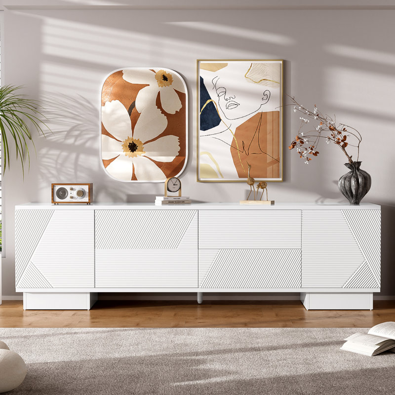 TV Stand For Tvs Up To 75", Sleek Storage Console, Textured Geometric Fronts, Minimalist Modern, Living Room Entertainment