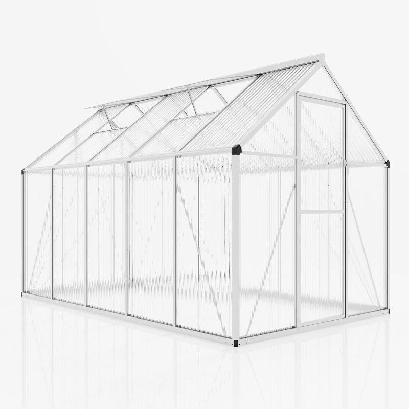 Walk-In Polycarbonate Greenhouse for Outdoors, Heavy-Duty Aluminum Frame with 2 Roof Vents and Swing Door, 181 x 303 x 195 cm