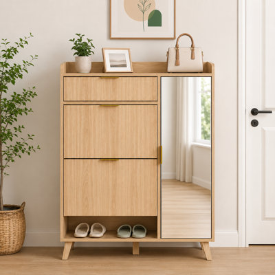 Armoire à chaussures moderne en bois avec miroir. Il sert de rangement pratique pour les chaussures, bien adapté pour les entrées, les couloirs et les salons.
