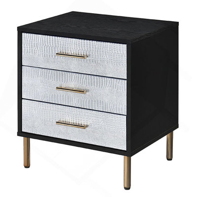 Black, Silver And Gold 3-Drawer Nightstand With Metal Leg
