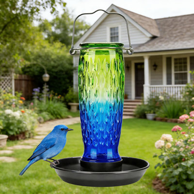 Mangeoire d'eau en verre pour oiseaux avec base en métal suspendue, bain d'oiseaux d'extérieur d'une capacité de 24 oz pour la décoration de jardin et de jardin, attire les oiseaux sauvages