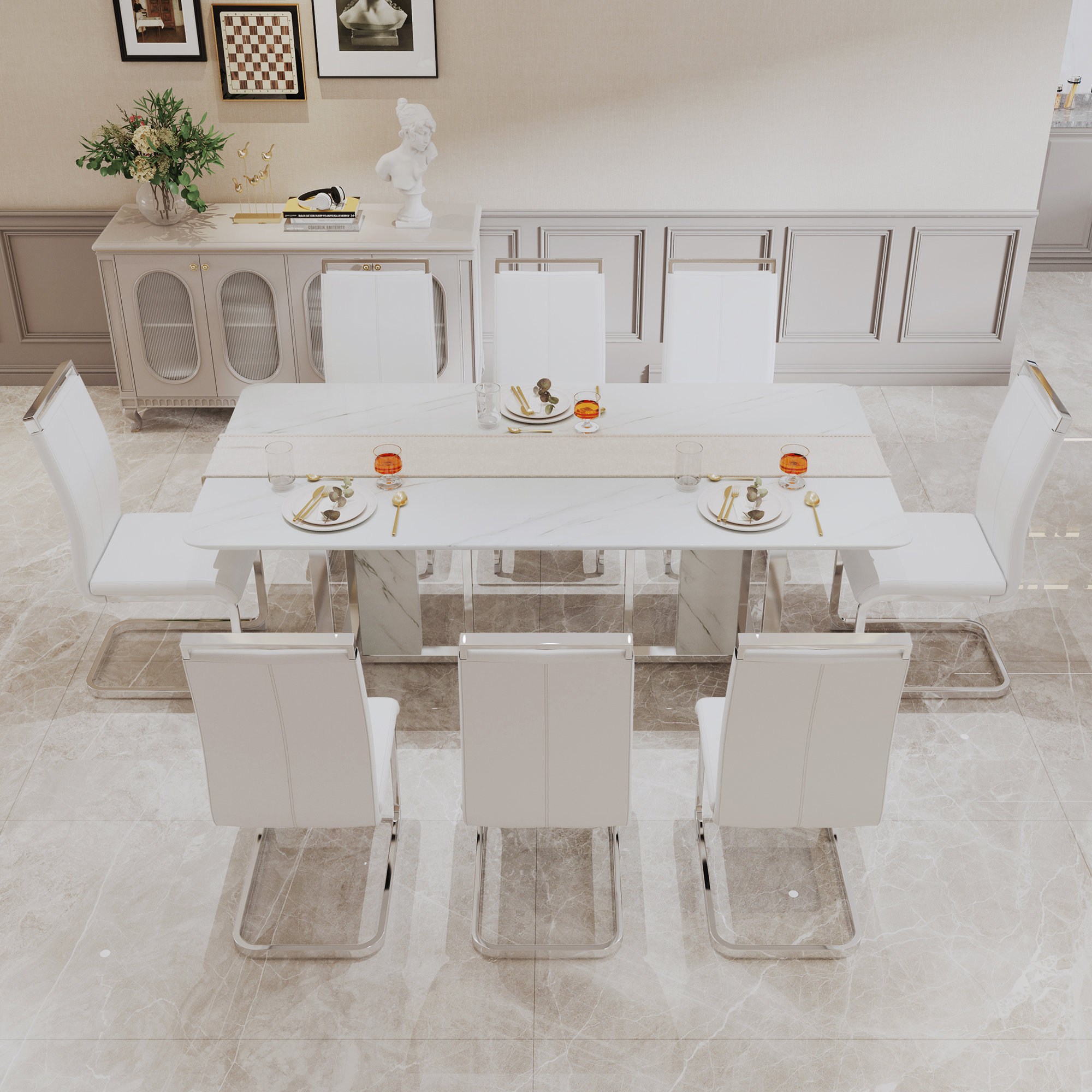 Mercer41 Perses Rectangular Marble Top Double Pedestal Dining Table Set ...