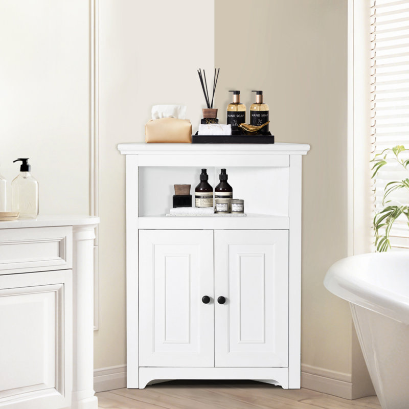 32" Corner Storage Cabinet with 2 Wooden Doors & Adjustable Shelves White