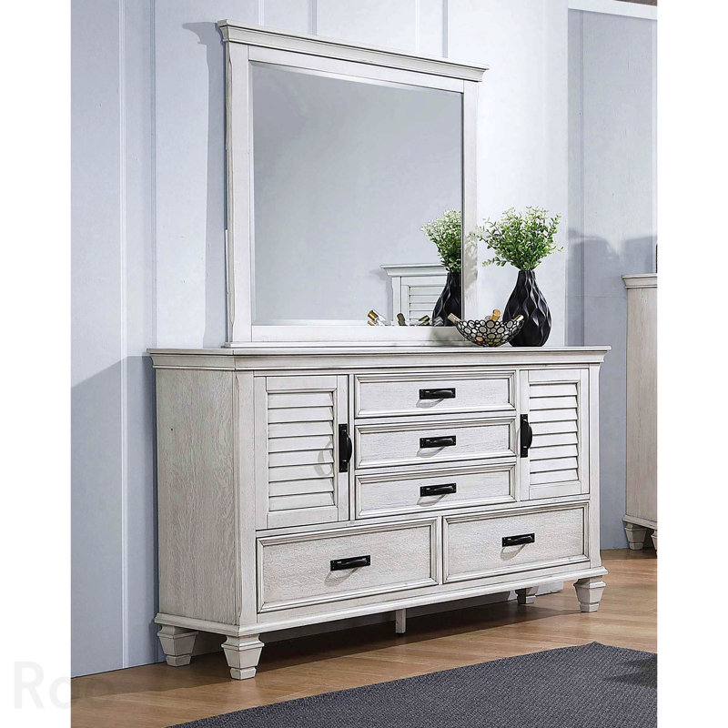 Commode à 5 tiroirs avec miroir, collection Lockeford, fini blanc vieilli