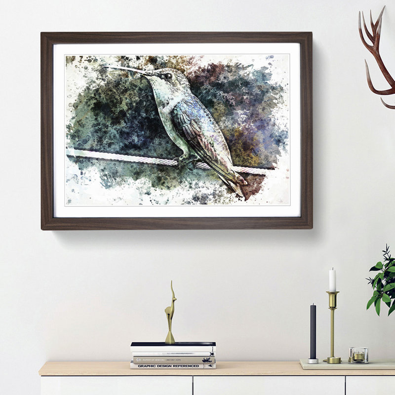 Hummingbird Bird on a Wire in Abstract - Picture Frame Painting Print, 27cm H x 36cm W x 2cm D, Walnut Framed