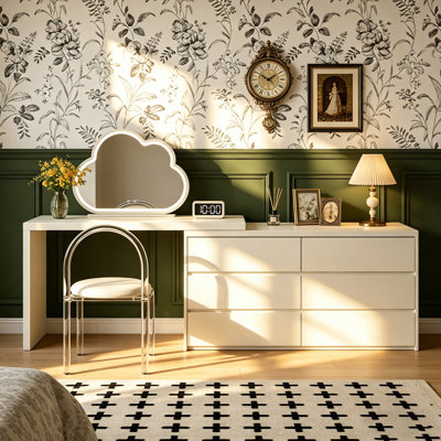 Modern Cream White Extendable Makeup Vanity: 6-Drawer Dresser with L-Shaped Scalable Table & Ample Storage