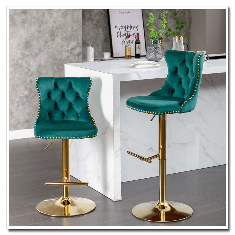 Tabourets de bar pivotants en velours à hauteur de siège réglable, Vert, Doré