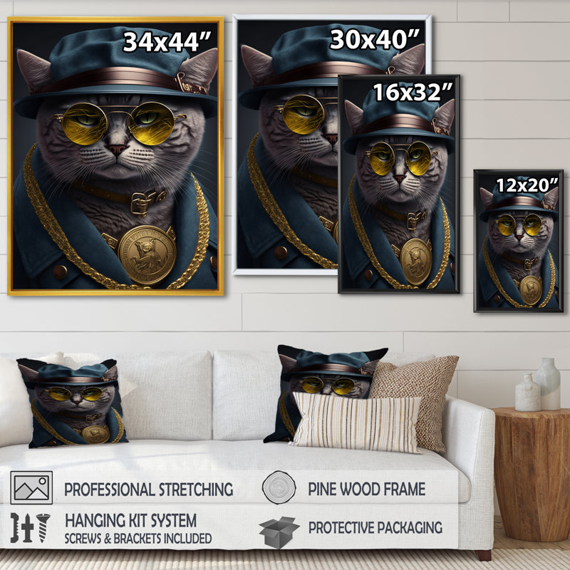 «Mafia Cat I», reproduction sur toile, Cadre noir, L 12 po x H 20 po