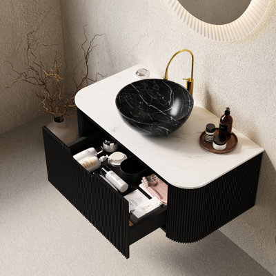 Meuble-lavabo 36 po avec lavabo, rangement flottant, cuve en céramique noire, motif pierre, pré-assemblé et blanc, finition rayée 3D, fermeture silencieuse du tiroir, comptoir, installation simple, rapide