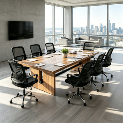 Large Solid Wood Conference Table Set with Ergonomic Mesh Office Chairs