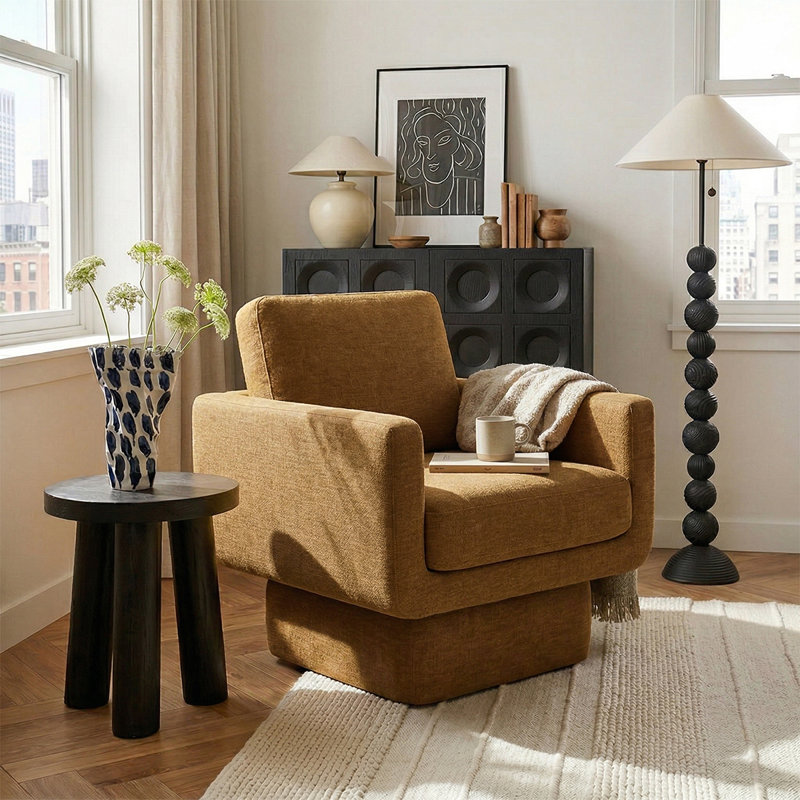Fauteuil d'appoint pivotant tonneau jaune, Jaune moutarde