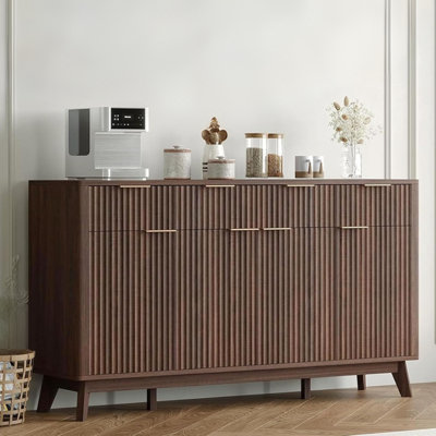 60" Large Farmhouse Sideboard Buffet Cabinet with Storage Drawers & Adjustable Shelves, Wood Fluted Buffet Storage Cabinet & Coffee Bar Console Table for Living Room & Kitchen Dining Room