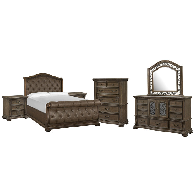 Très grand lit tapissier californien avec commode 2 tiroirs avec miroir de paysage et commode, Beige, Très grand californien