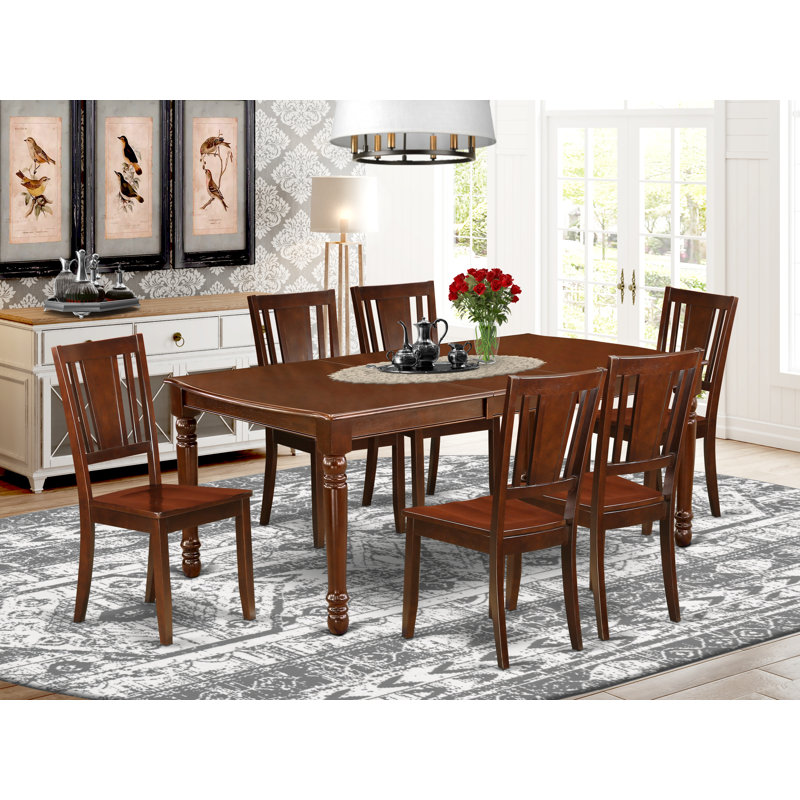 7 Piece Dining Table Set consists of a rectangular wooden table with Butterfly Leaf and 6 Dining Room Chairs, Mahogany, No