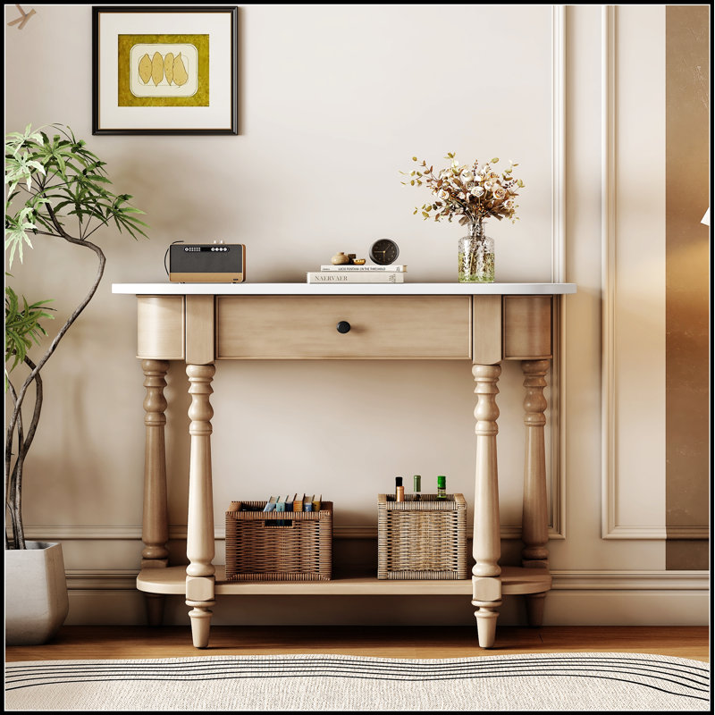 Console étroite avec coins arrondis, table de hall d'entrée rétro avec tiroir supérieur et tablette ouverte pour un rangement polyvalent et un design élégant