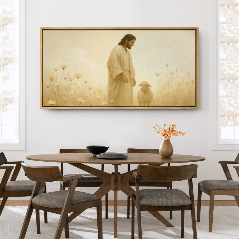 «Jesus with a Lamb in a Golden Meadow», reproduction d'art sur toile encadrée, H 30 po x l 60 po x P 1,5 po, Cadre naturel