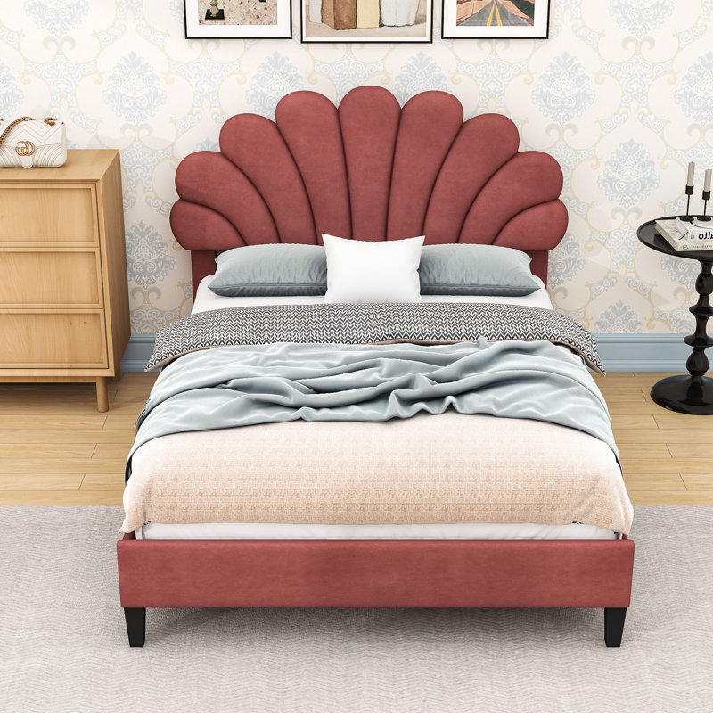 Lit plateforme tapissier avec tête de lit en velours et lattes, Double, Pâte de haricots rouge