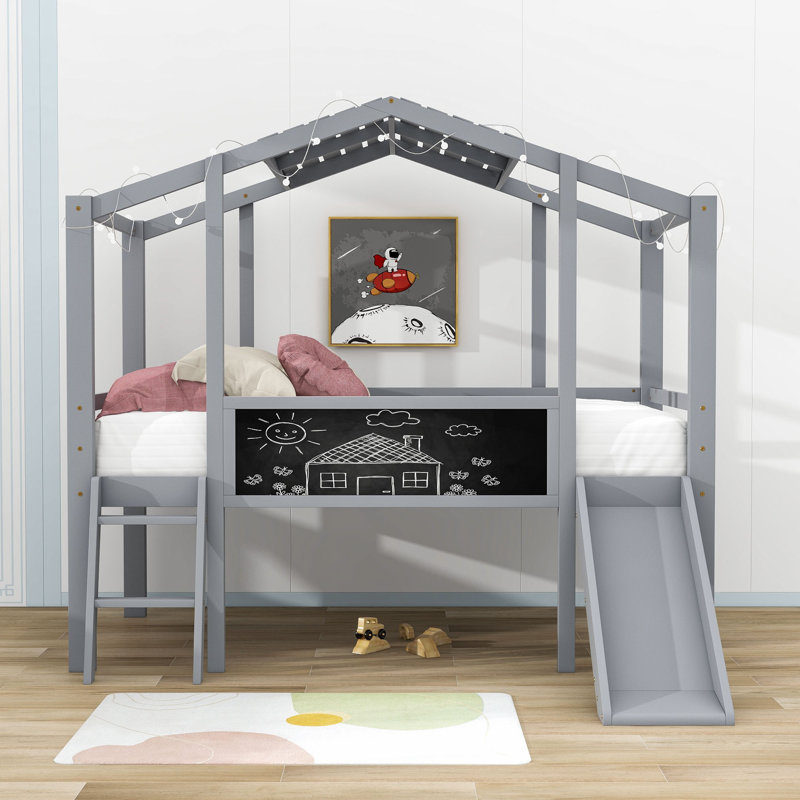 Onsted Kids Twin Wood House Loft Bed with Ladder and Slide, Gray