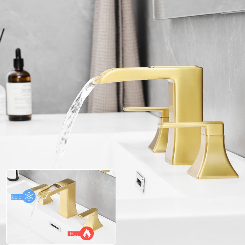 Gold Basin Mixer Faucet, 8 Inch Widespread With Geometric Design And Double Lever Handle 3 Hole Bathroom Tap In Gold, Ceramic Cartridge