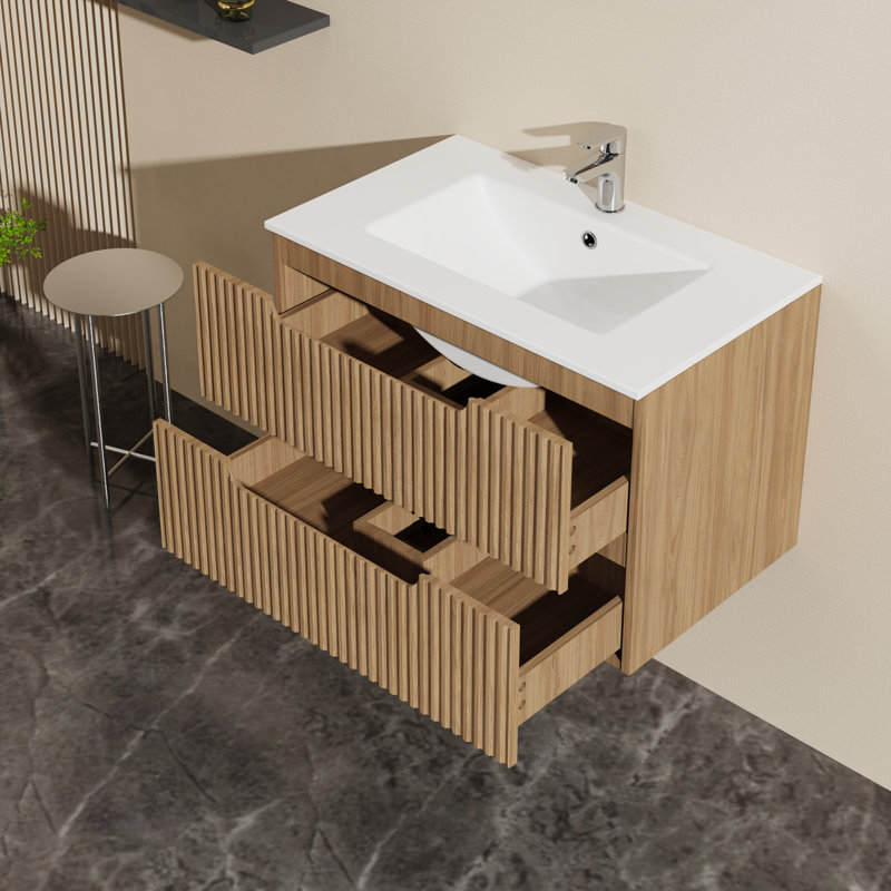 Meuble-lavabo mural 30 po avec évier flottant, système de fermeture en douceur, 2 très grands tiroirs, noyer, lavabo non inclus