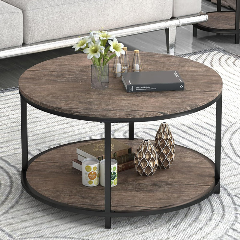 Table basse ronde, petite table basse de 27,5 po pour le salon, bureau rustique en bois à 2 niveaux avec tablette de rangement, mobilier de maison moderne (noyer clair)