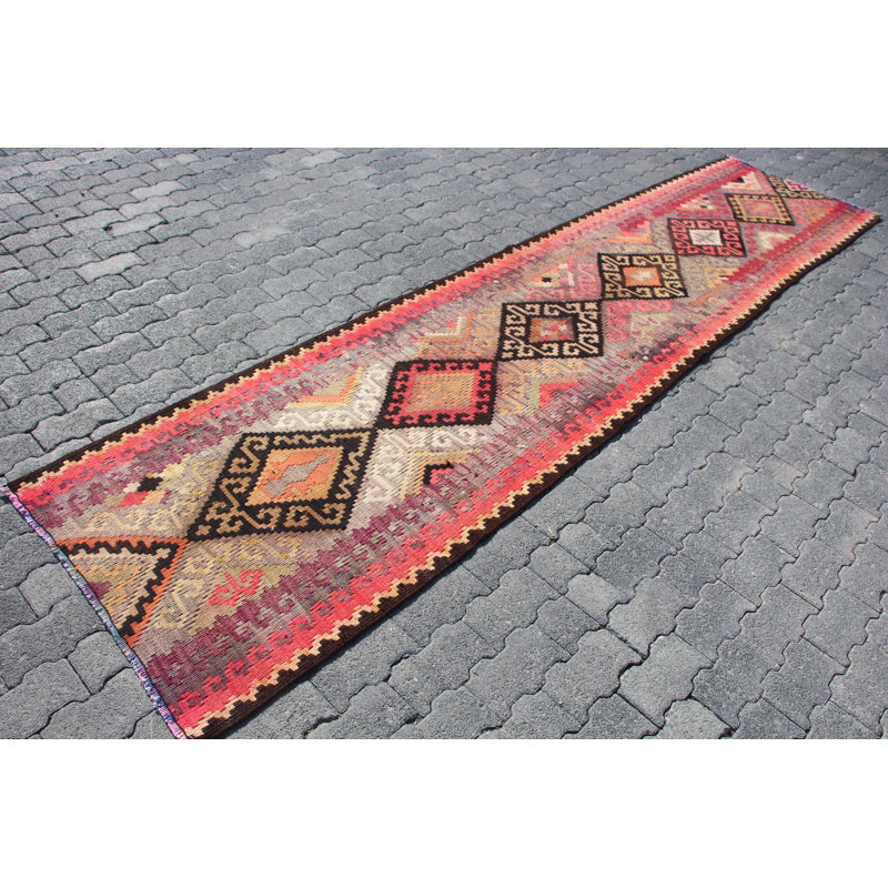 Tapis de couloir rétro Kilim en laine rose luxueuse pour les couloirs - style Herki antique