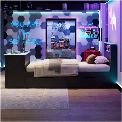 Wood Daybed With Twin Size Trundle,Desk,LED Light And USB