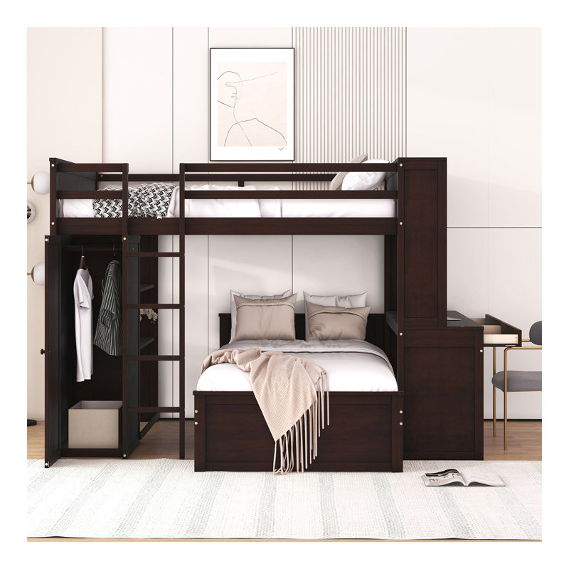 Lit mezzanine double avec lit simple autoportant, tablettes, bureau et garde-robe espresso, Lit double, Espresso
