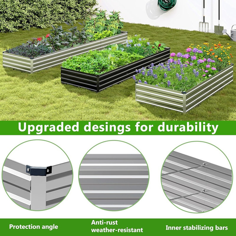 Boîte à fleurs pour jardin en métal Raised Garden, 12" H x 42" W x 36" D, Sliver, Set of 2