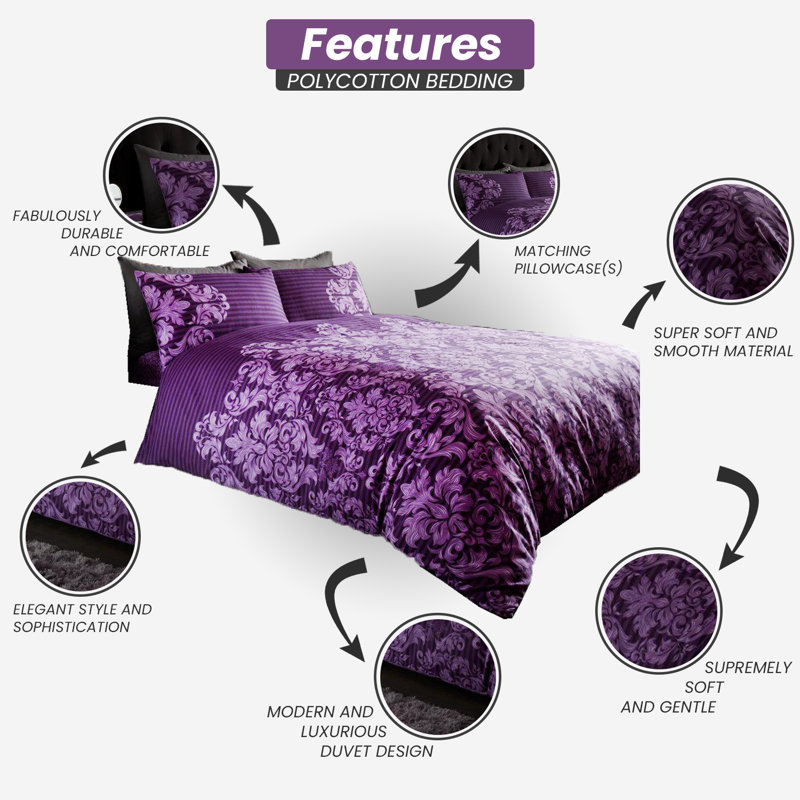 Damask Pattern Duvet Cover Set with Matching Pillowcases - Polycotton Bedding Set - Washable, Purple, Double