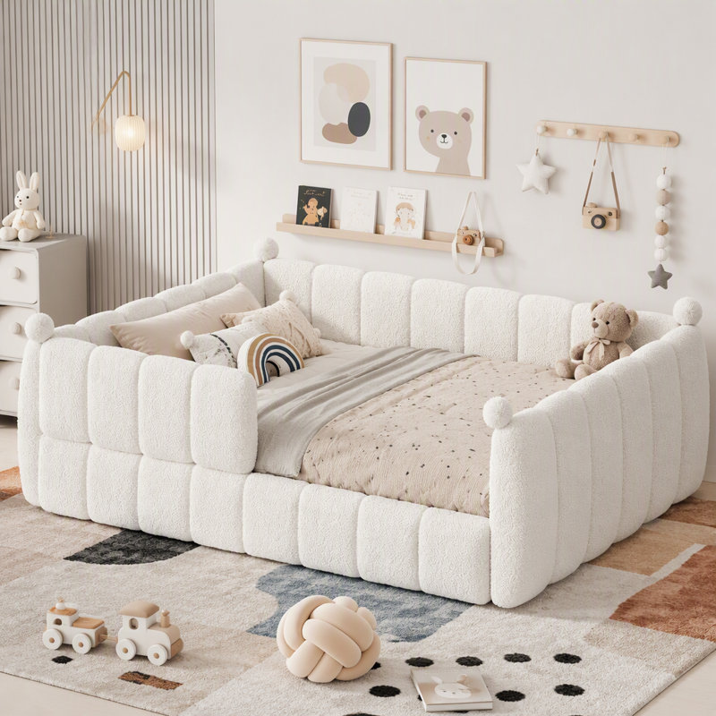 Lit de sol rembourré doux avec rails de sécurité Montessori, Queen