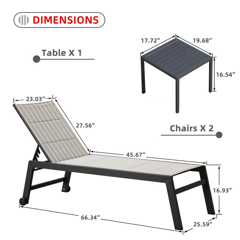 Chaise longue d'extérieur en métal avec table Valhalla, Rayures grises
