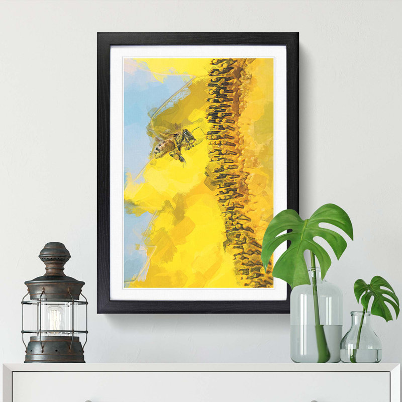 Busy Bee & Yellow Flower in Abstract - Picture Frame Painting Print, 36cm H x 27cm W x 2cm D, Black Framed