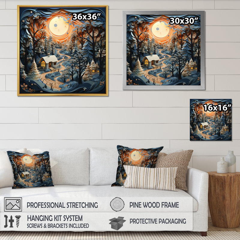 Reproduction d'art sur toile, "Orange Orange Winters Papercut Landscape I" - paysages, H 16 po x l 16 po