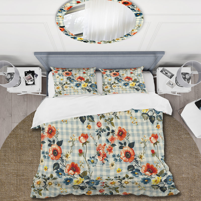 Ensemble de housse de couette à motif floral vichy orange et noir, Housse de couette très grand + 2 taies décorativ