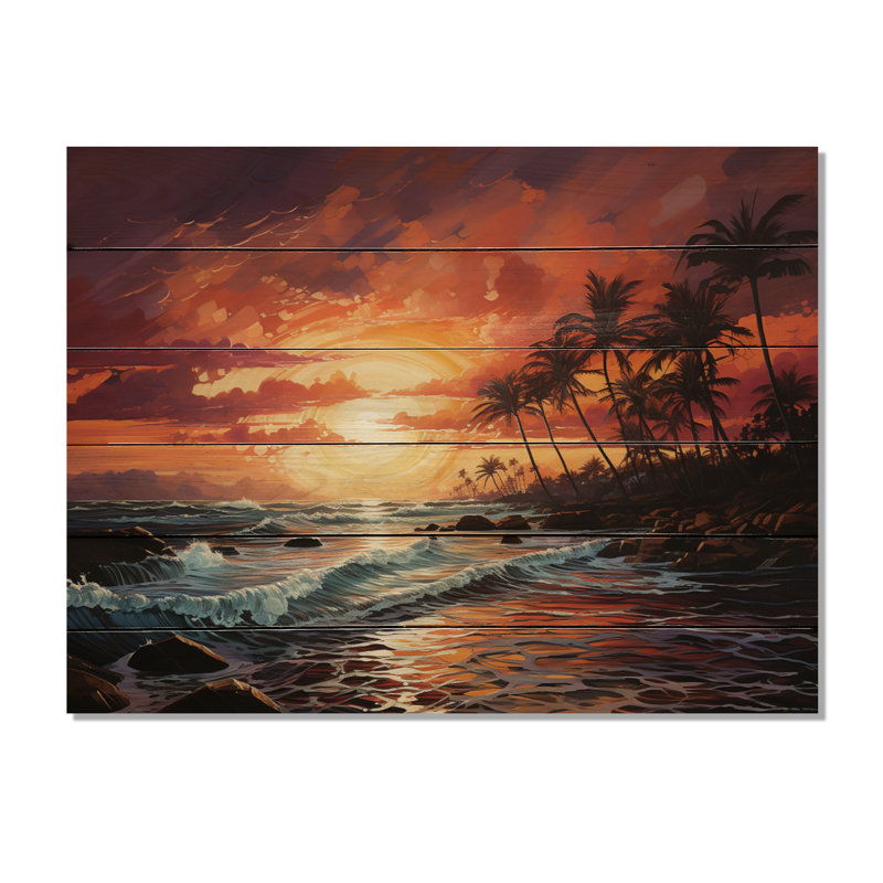 Palmiers sur un coucher de soleil coloré III sur bois, H 10 po x l 20 po x P 0,78 po