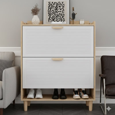 31.5 Inch Nordic Style Shoe Cabinet With Two Flip-Up Doors, Freestanding Organizer On Solid Wood Legs For Entryways, Narrow Design (Combination Of White And Natural Wood Finish)
