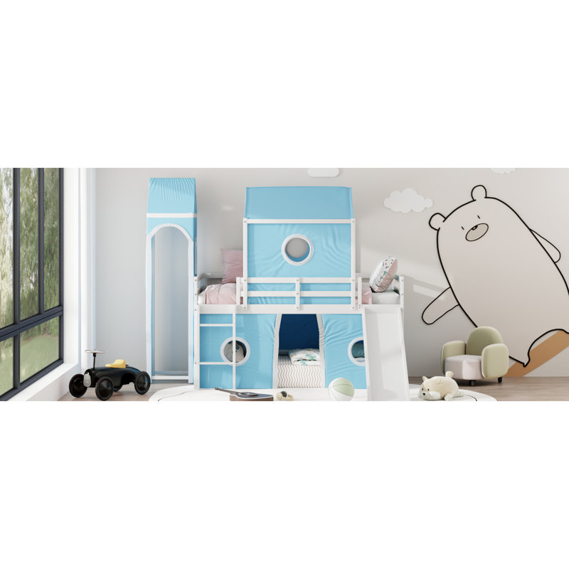 Twin Size Blue Loft Bed With Slide And Pink Tent Tower - Pine Build, Adjustable Placement, Fence Shaped Bedroom Feature Slide, Tent, Quality Construction For , Windowed Design, Semi Enclosed Under