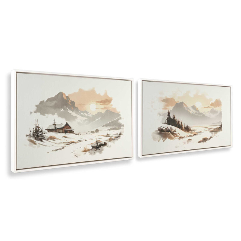 Winter's Quiet Refuge Set of 2 Canvas Prints in a Black Frame, 8" x 12", Opaque White Floater Framed, 13" H x 38" W x 1.75"D