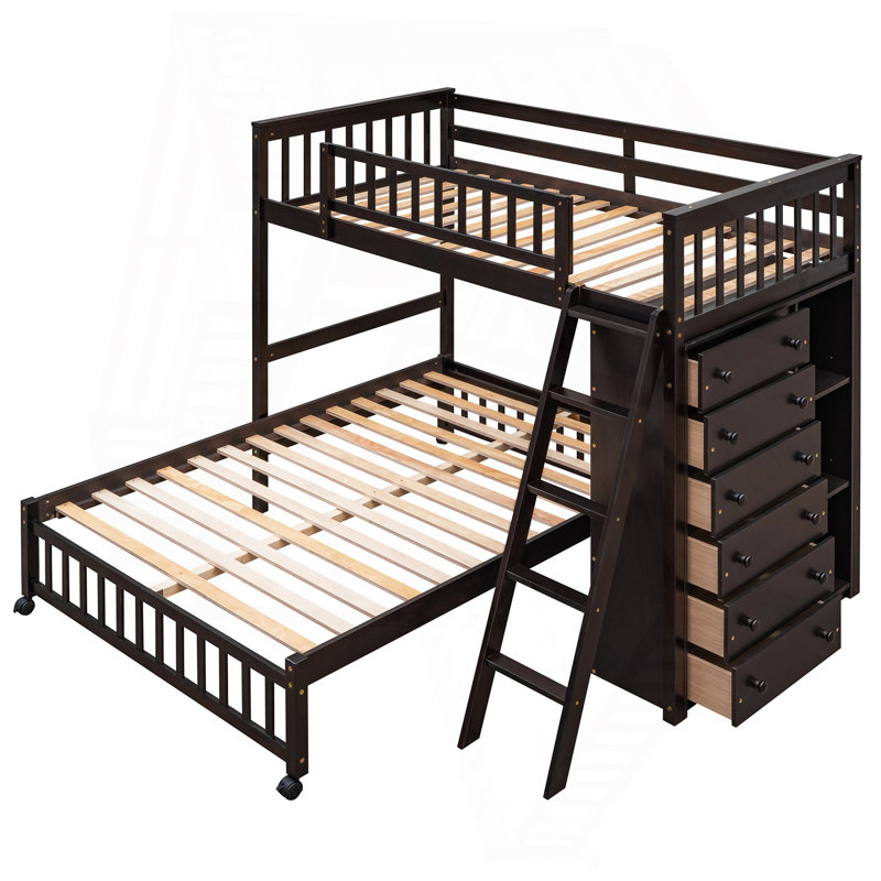 Lit superposé simple au-dessus d'un lit double en bois avec six tiroirs et tablettes flexibles, lit inférieur à roulettes, espresso