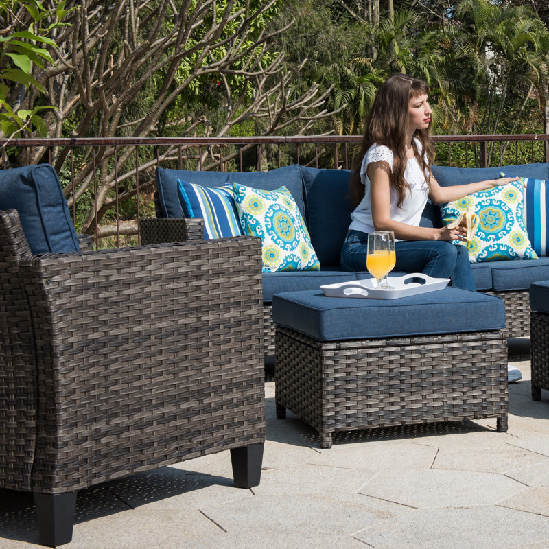 Ensemble de conversation modulaire en rotin 3 pièces avec coussins Allcot, Bleu
