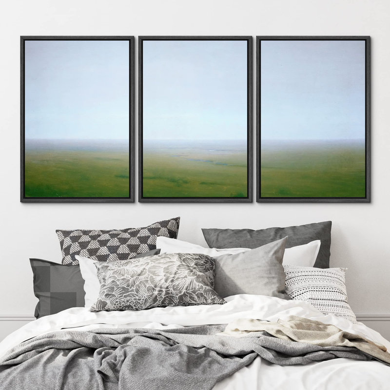 "Vue aérienne brumeux vert champ campagne nature numérique moderne décor zen bohémien minimalisme" 3 pièces, Noir