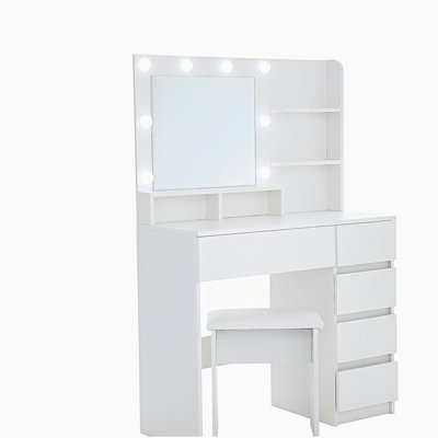 Vanity, Makeup Vanity Desk Set with Mirror & Light, Dressing Table Storage Lots with Power Strip, 3 Lighting Modes with Adjustable Brightness, 37 Inches  (White with Stool)