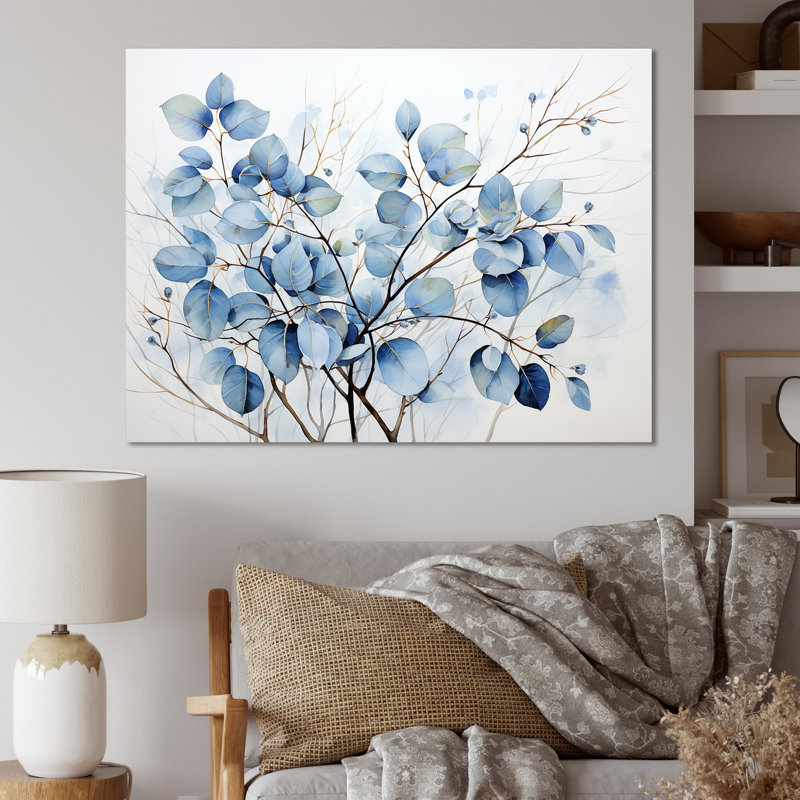 Art mural bleu et gris avec feuilles sur une branche III - feuilles, Toile tendue, H 24 po x l 32 po x P 1 po