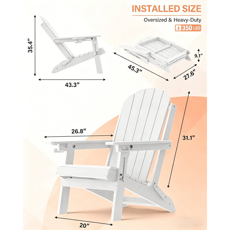 Chaise de patio pliante en plastique PEHD toutes saisons avec porte-gobelet pour jardin, bord de piscine, pliable Adirondack