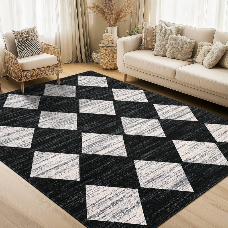 Machine Washable Rugs Distressed Trellis Rug for Living Room Non Slip Stain Resistant Carpet Modern Checkered Farmhouse Floor Cover