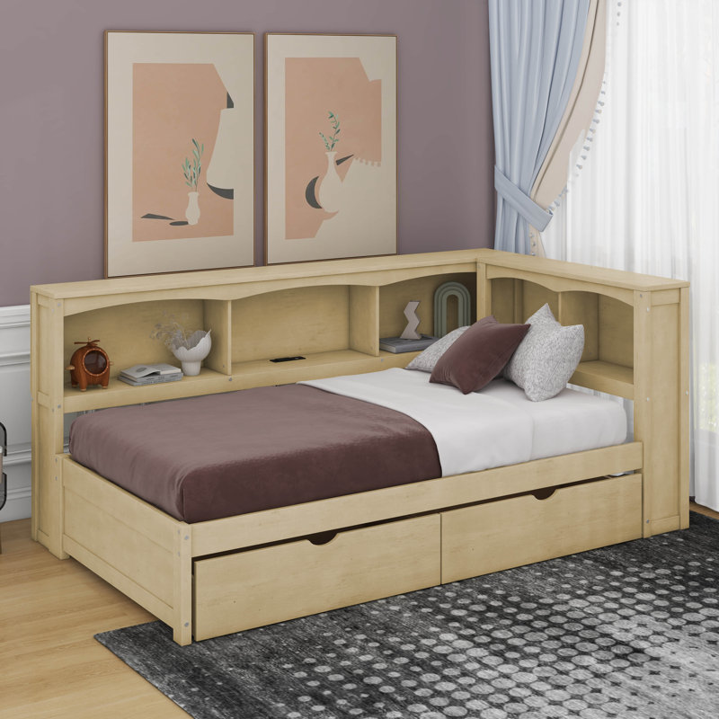Lit de jour simple avec 2 tiroirs de rangement et ports USB, Bois
